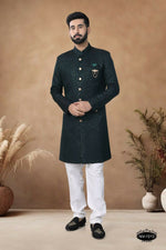 Thumbnail for Joban Fashion Men's Green Straight Silk Thread & Sequence Embroidery All Over Indo-Western Kurta Set - Distacart