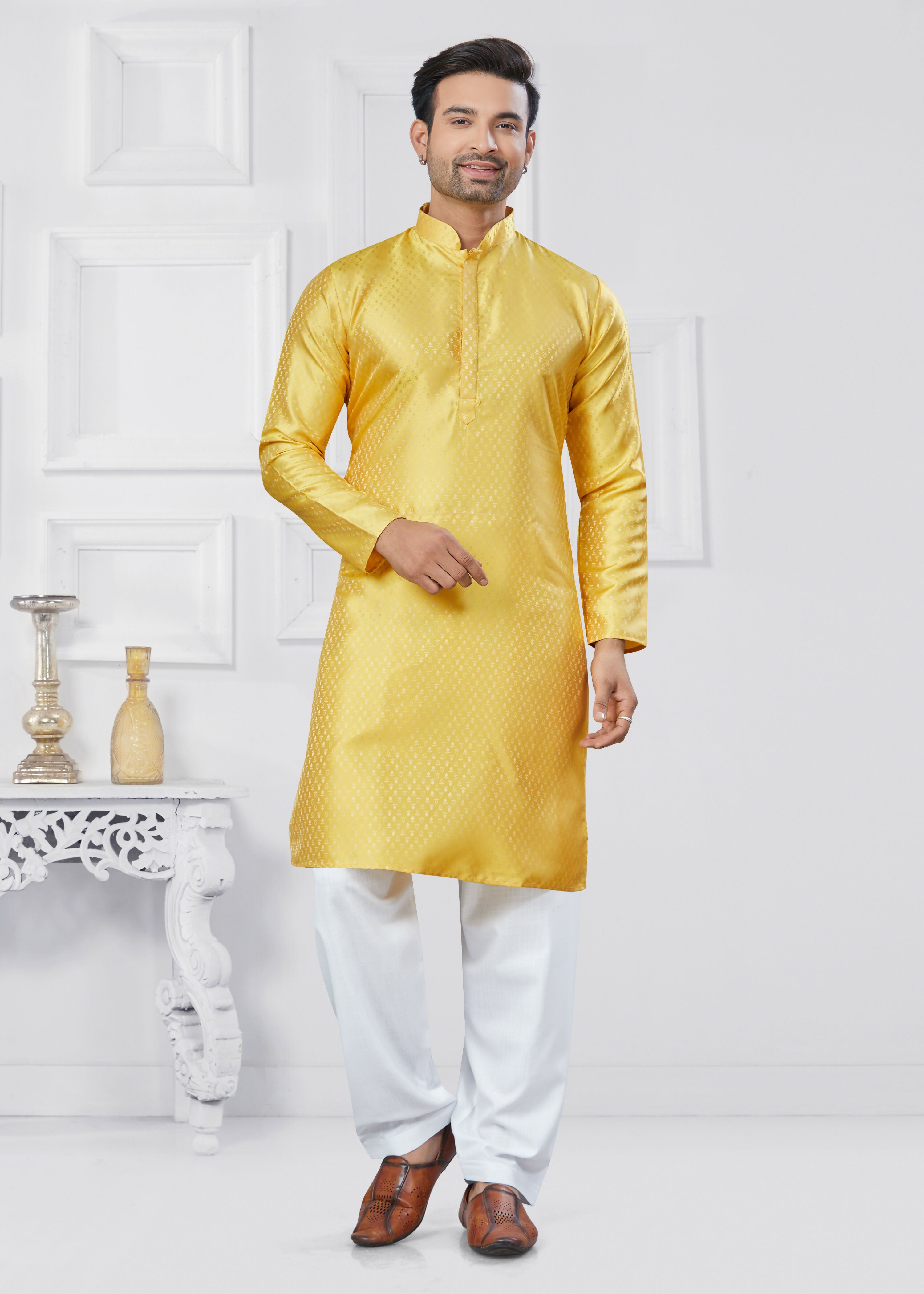 Joban Fashion Men's Jacquard Silk Yellow Printed Kurta Pyjama set - Distacart