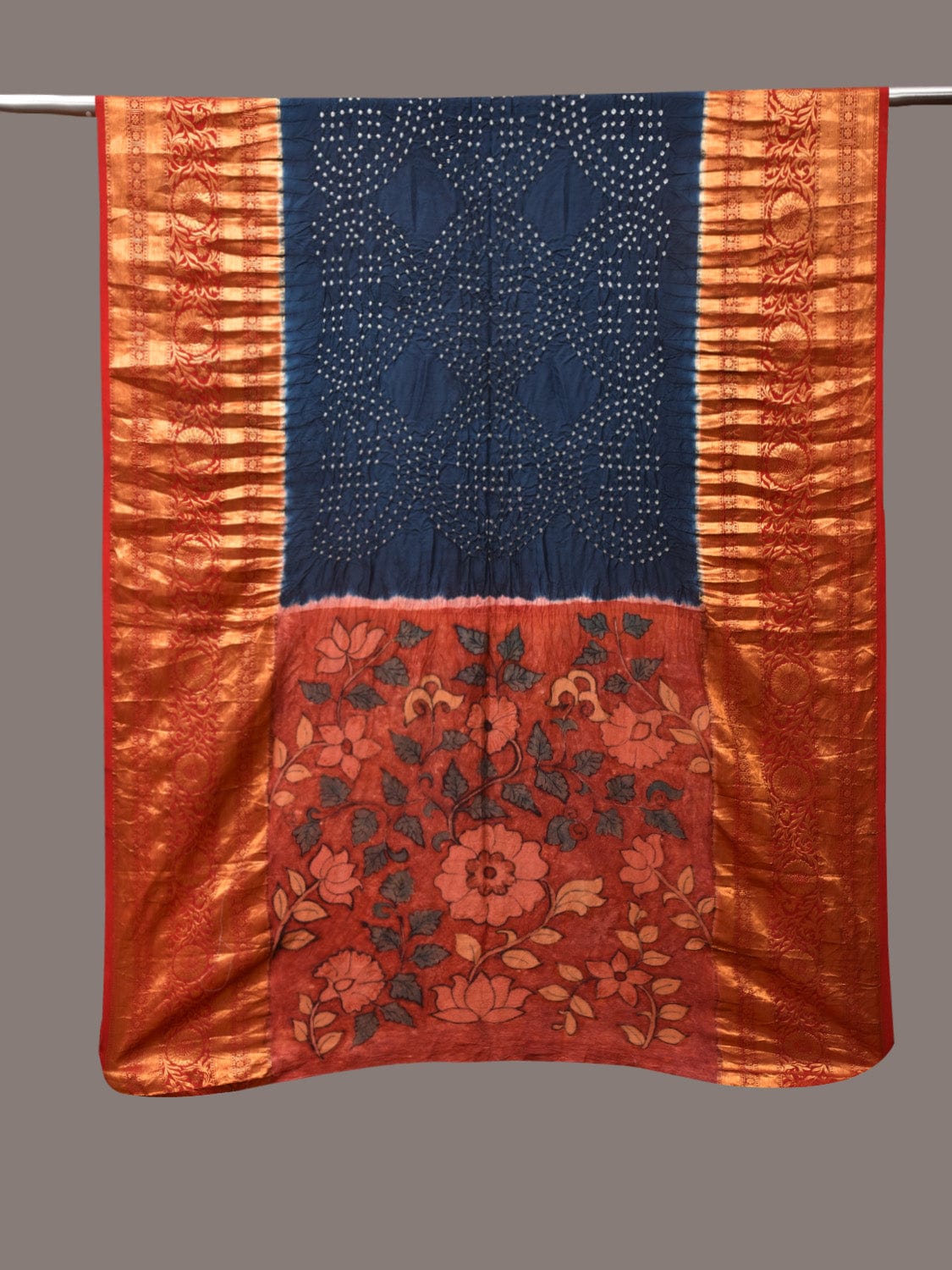 Navy and Red Bandhani Kanchipuram Silk Handloom Dupatta with Kalamkari Design - Global Threads - Distacart