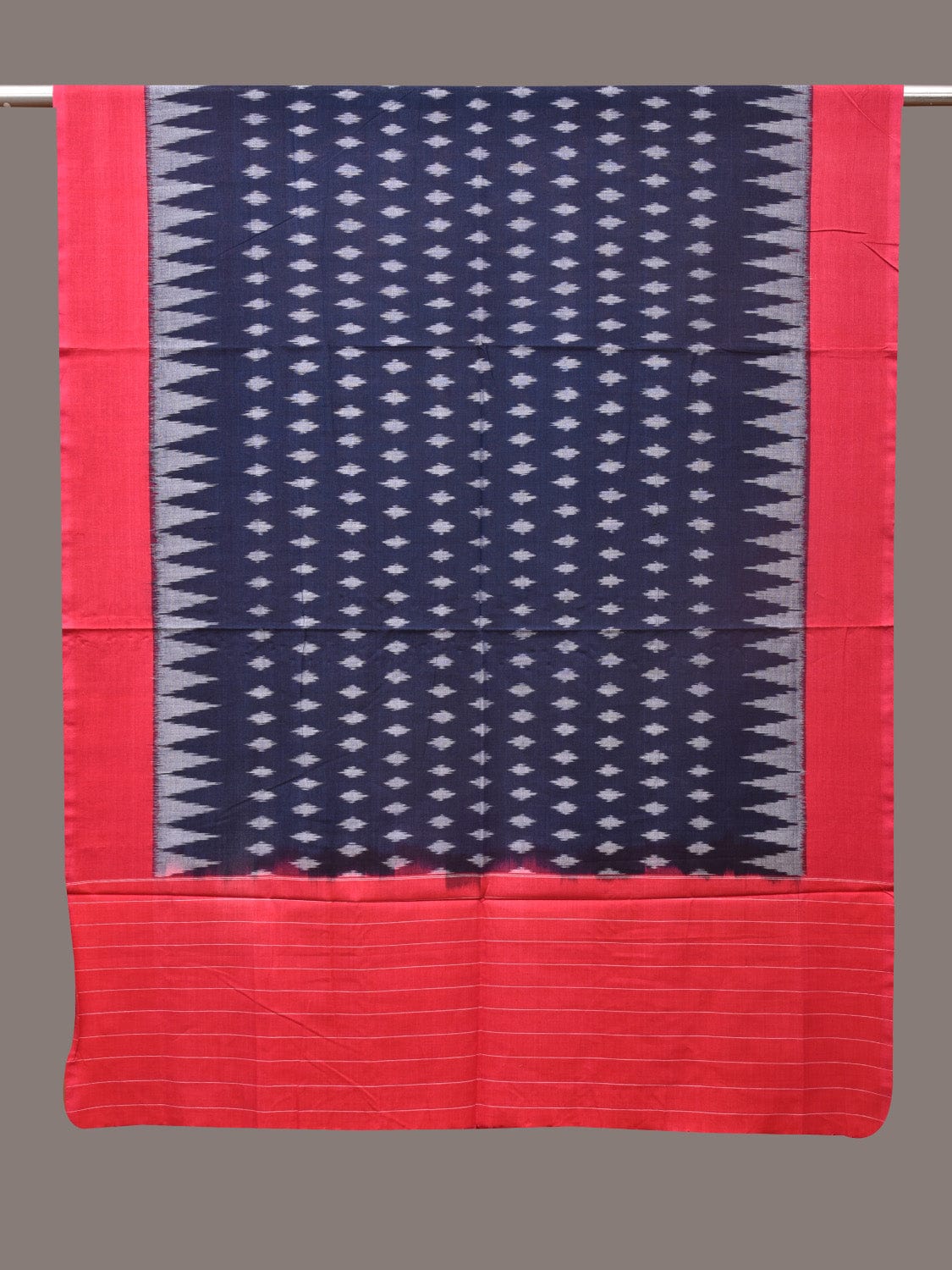 Navy and Red Pochamaplly Ikat Cotton Handloom Dupatta with Temple Border Design - Global Threads - Distacart