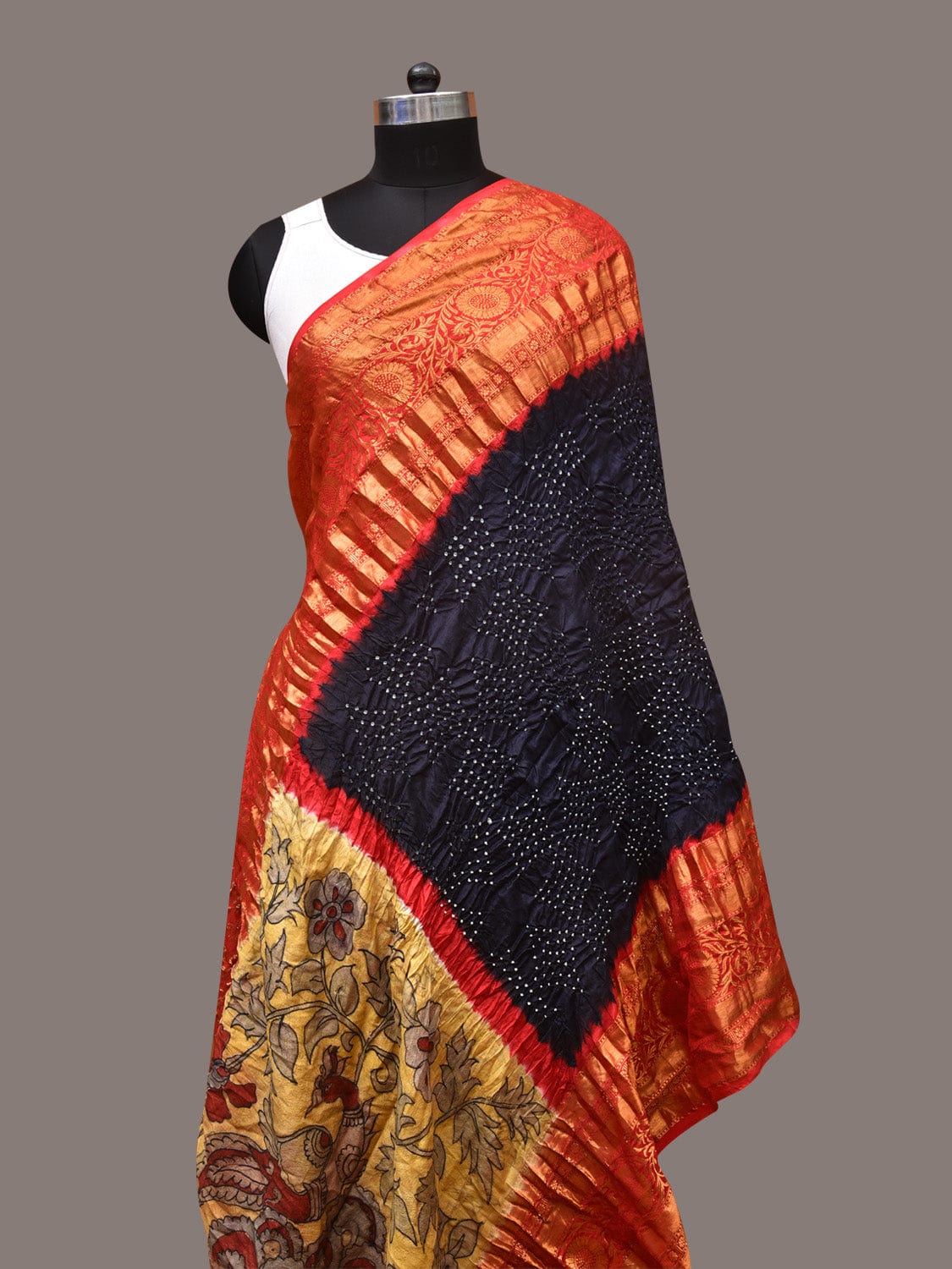 Navy Bandhani Kanchipuram Silk Handloom Dupatta with Kalamkari Design - Global Threads - Distacart