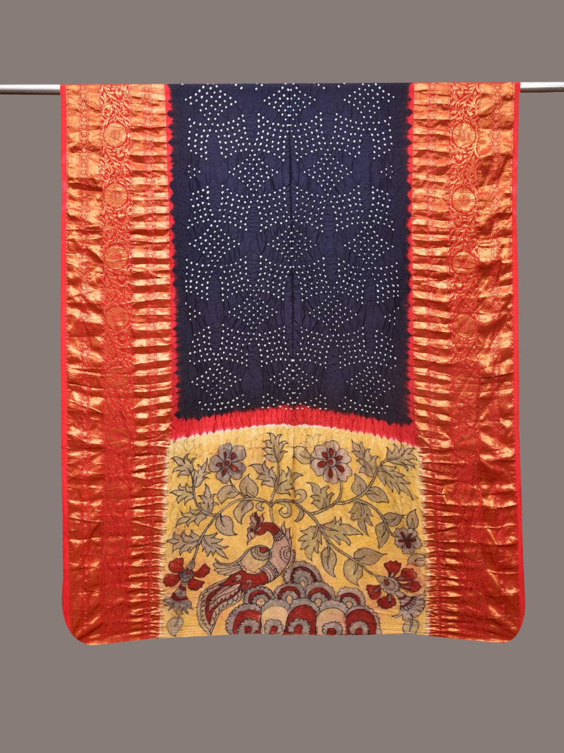 Navy Bandhani Kanchipuram Silk Handloom Dupatta with Kalamkari Design - Global Threads - Distacart