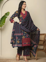 Thumbnail for Yufta Navy Blue Cotton Kurta Dupatta Set With Lace Detailing
