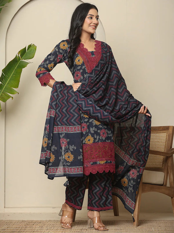 Yufta Navy Blue Cotton Kurta Dupatta Set With Lace Detailing