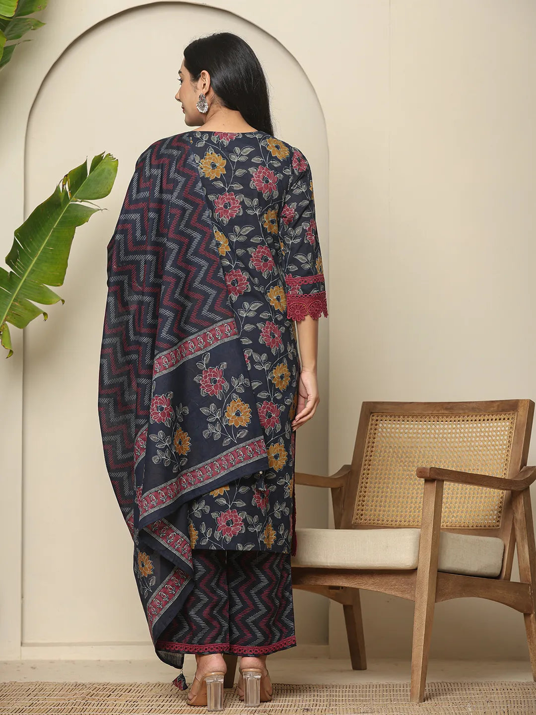 Yufta Navy Blue Cotton Kurta Dupatta Set With Lace Detailing