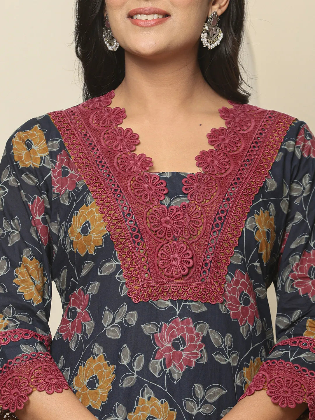 Yufta Navy Blue Cotton Kurta Dupatta Set With Lace Detailing