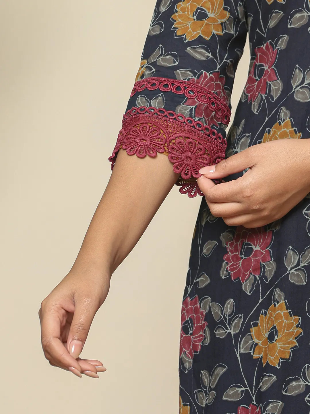 Yufta Navy Blue Cotton Kurta Dupatta Set With Lace Detailing