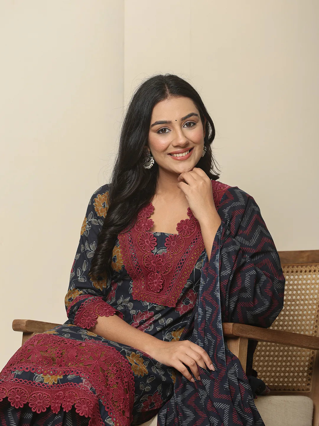 Yufta Navy Blue Cotton Kurta Dupatta Set With Lace Detailing