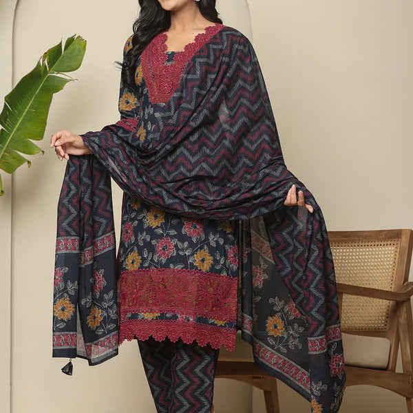 Yufta Navy Blue Cotton Kurta Dupatta Set With Lace Detailing - Distacart