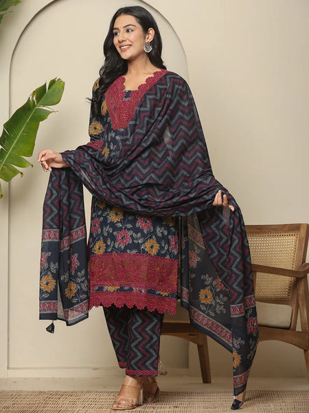 Yufta Navy Blue Cotton Kurta Dupatta Set With Lace Detailing