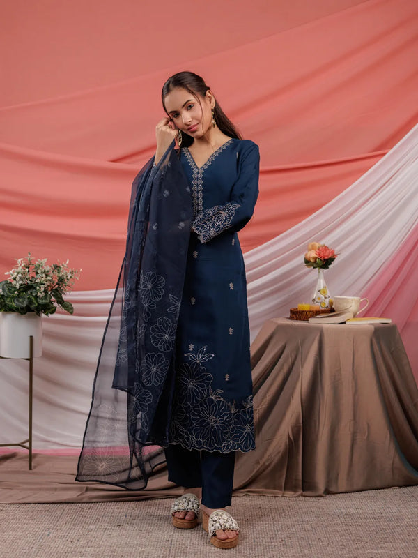 Yufta Navy Blue Embroidered Silk Blend Straight Kurta Dupatta Pant Set