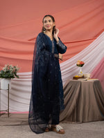Thumbnail for Yufta Navy Blue Embroidered Silk Blend Straight Kurta Dupatta Pant Set