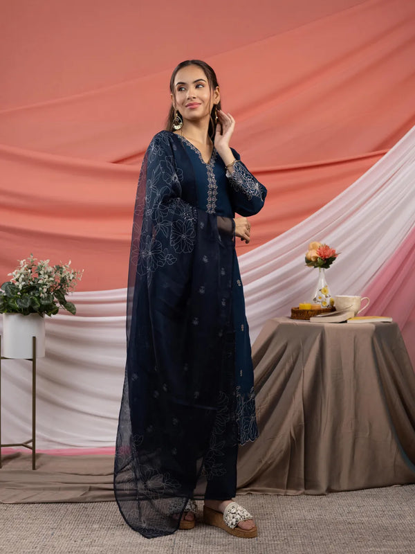 Yufta Navy Blue Embroidered Silk Blend Straight Kurta Dupatta Pant Set