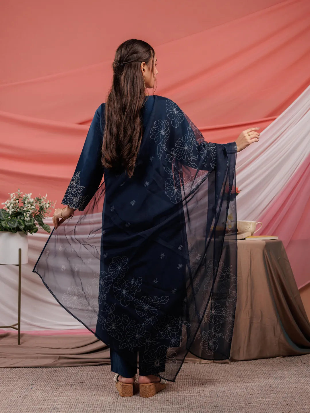 Yufta Navy Blue Embroidered Silk Blend Straight Kurta Dupatta Pant Set