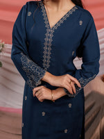 Thumbnail for Yufta Navy Blue Embroidered Silk Blend Straight Kurta Dupatta Pant Set