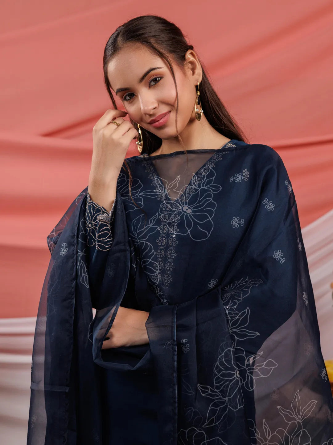 Yufta Navy Blue Embroidered Silk Blend Straight Kurta Dupatta Pant Set