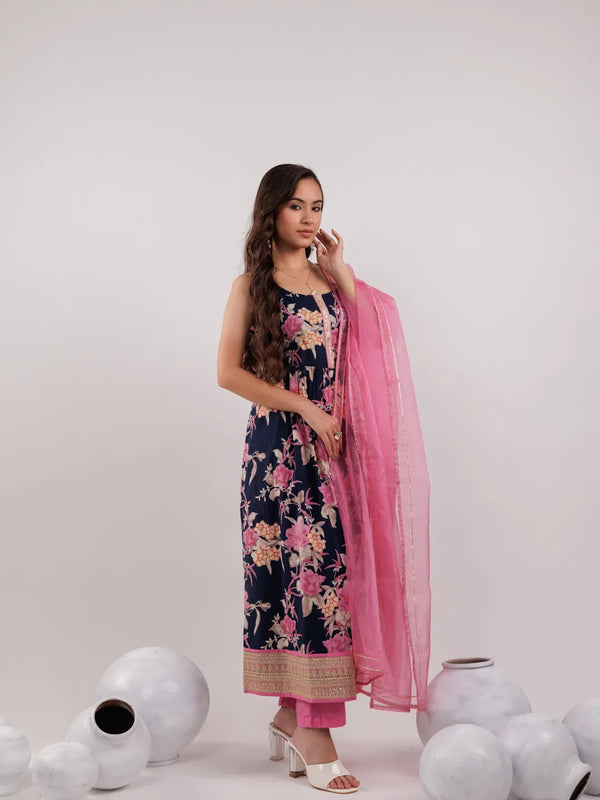 Yufta Navy Blue Floral Print Cotton Fit And Flare Kurta Trouser & Dupatta Set