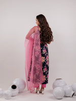 Thumbnail for Yufta Navy Blue Floral Print Cotton Fit And Flare Kurta Trouser & Dupatta Set