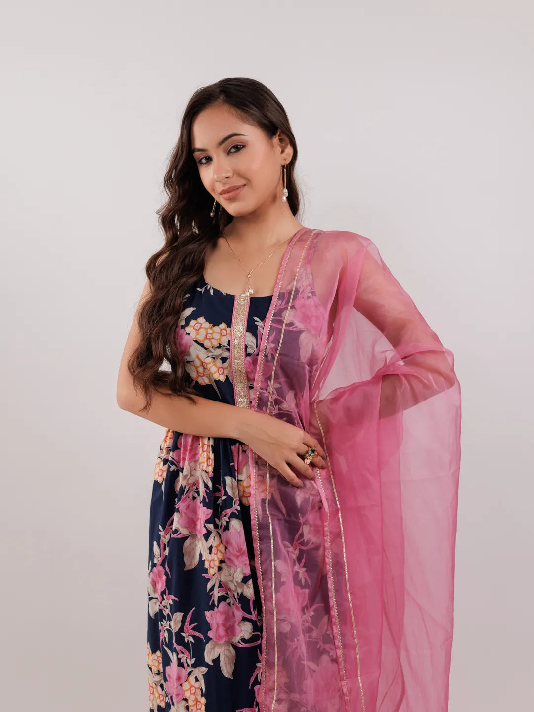 Yufta Navy Blue Floral Print Cotton Fit And Flare Kurta Trouser & Dupatta Set