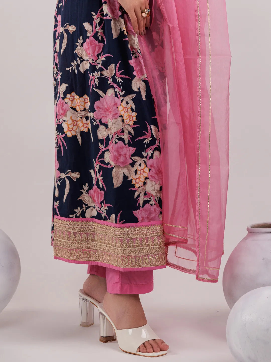 Yufta Navy Blue Floral Print Cotton Fit And Flare Kurta Trouser & Dupatta Set