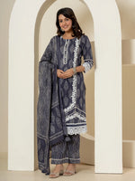 Thumbnail for Yufta Navy Blue Patch Work Pure Cotton Straight Kurta And Dupatta Set