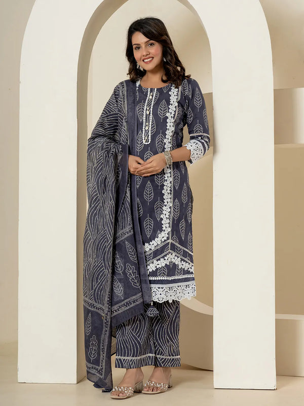 Yufta Navy Blue Patch Work Pure Cotton Straight Kurta And Dupatta Set