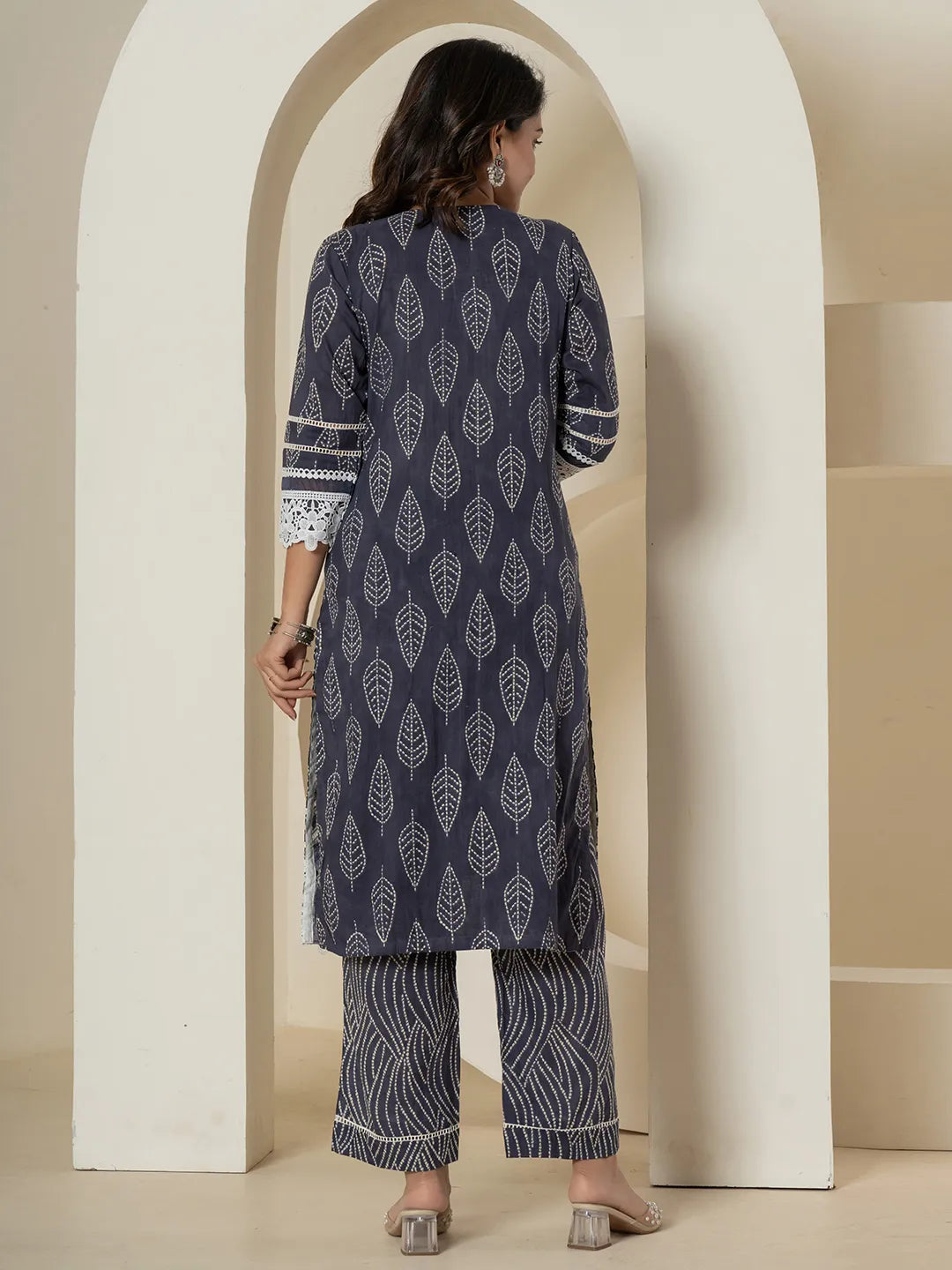 Yufta Navy Blue Patch Work Pure Cotton Straight Kurta And Dupatta Set
