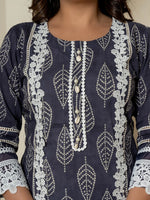 Thumbnail for Yufta Navy Blue Patch Work Pure Cotton Straight Kurta And Dupatta Set
