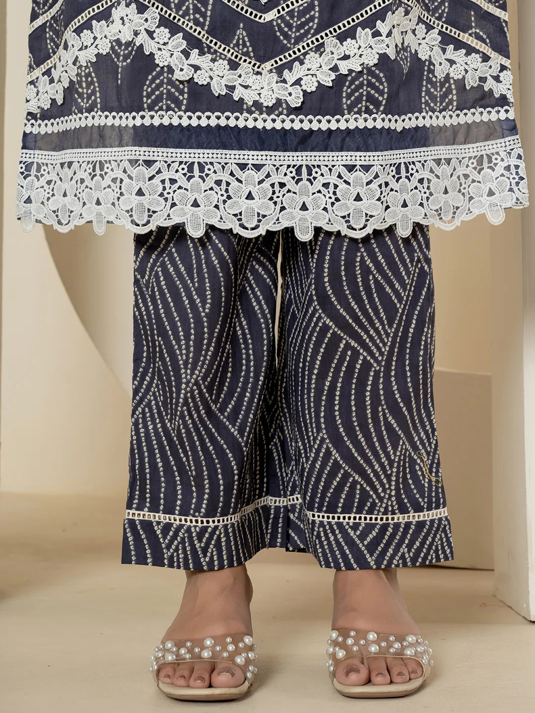Yufta Navy Blue Patch Work Pure Cotton Straight Kurta And Dupatta Set