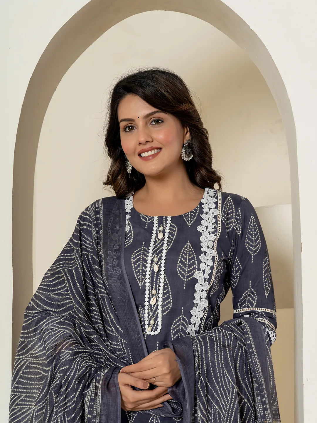 Yufta Navy Blue Patch Work Pure Cotton Straight Kurta And Dupatta Set