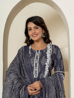 Thumbnail for Yufta Navy Blue Patch Work Pure Cotton Straight Kurta And Dupatta Set