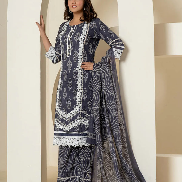 Yufta Navy Blue Patch Work Pure Cotton Straight Kurta And Dupatta Set - Distacart