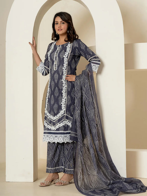 Yufta Navy Blue Patch Work Pure Cotton Straight Kurta And Dupatta Set