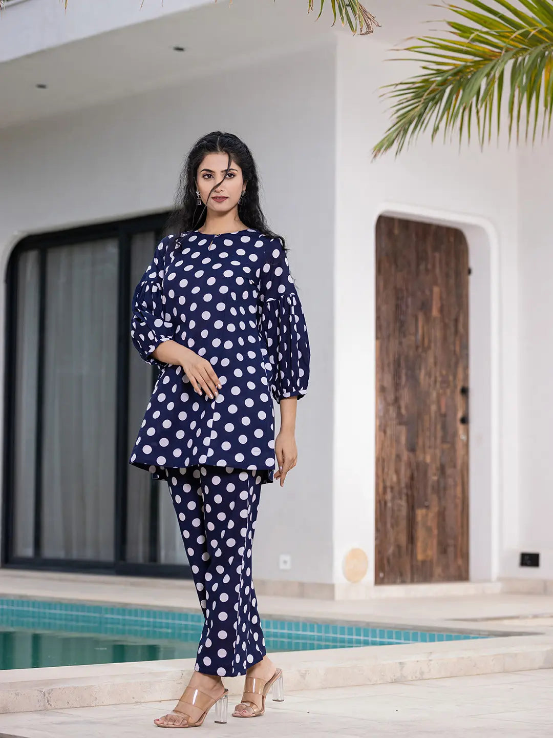 Yufta Navy Blue Polka Dot Print Top And Trouser Co Ord Set - Distacart