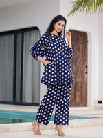 Thumbnail for Yufta Navy Blue Polka Dot Print Top And Trouser Co Ord Set