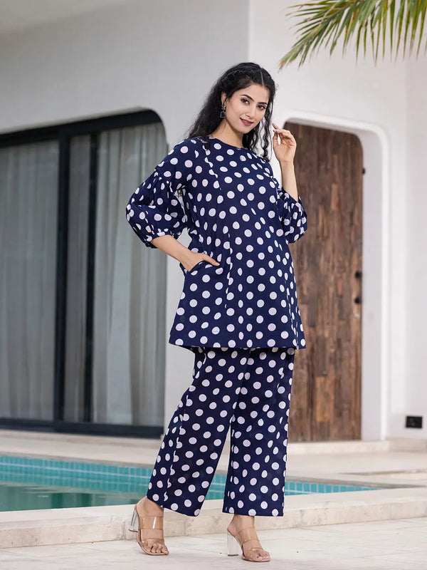 Yufta Navy Blue Polka Dot Print Top And Trouser Co Ord Set