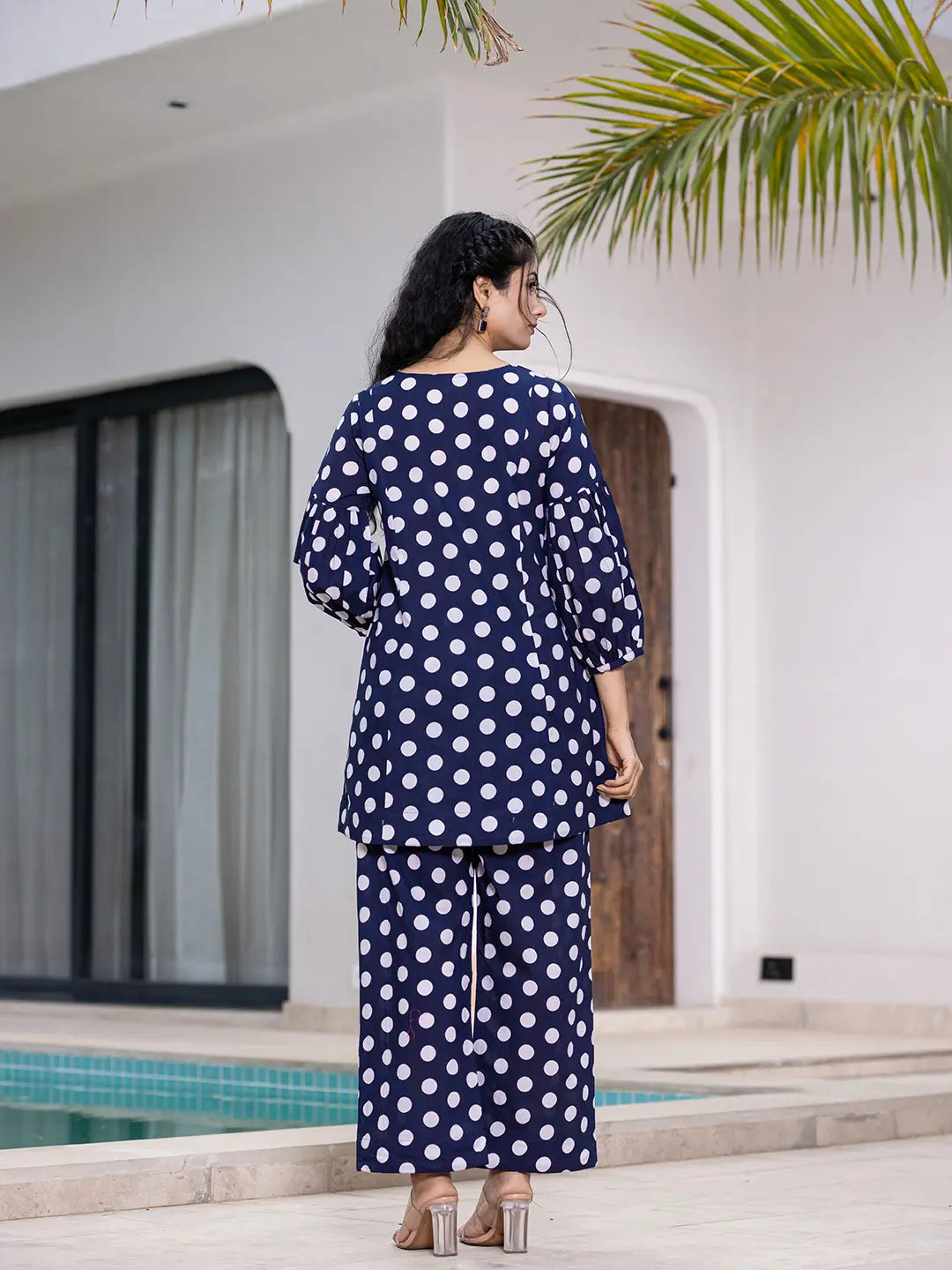 Yufta Navy Blue Polka Dot Print Top And Trouser Co Ord Set