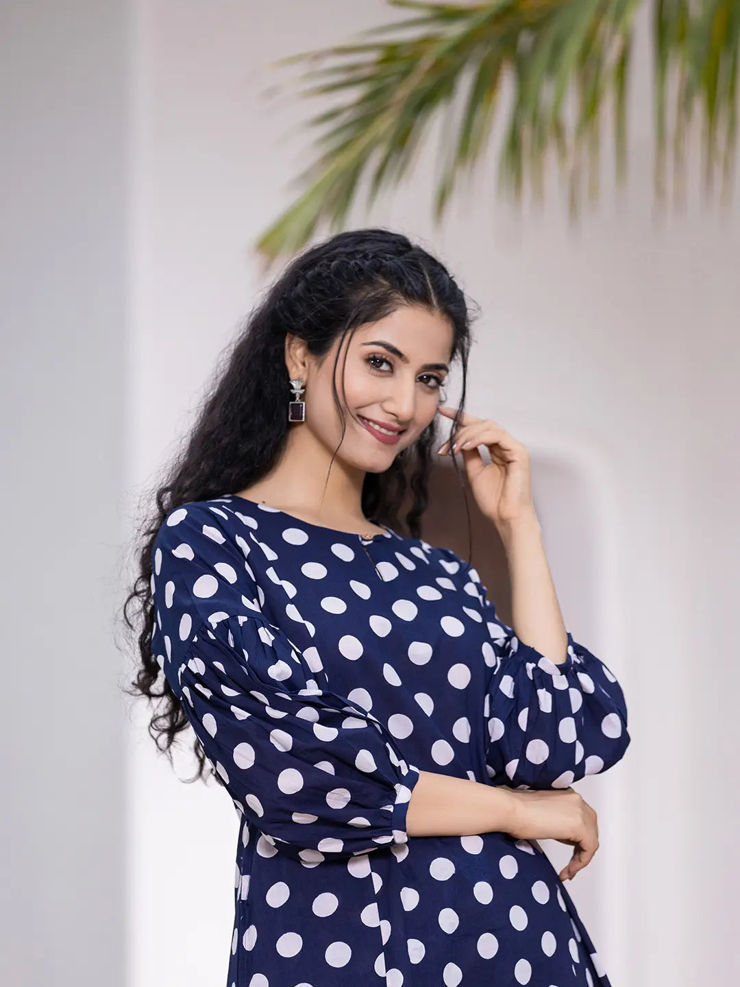 Yufta Navy Blue Polka Dot Print Top And Trouser Co Ord Set
