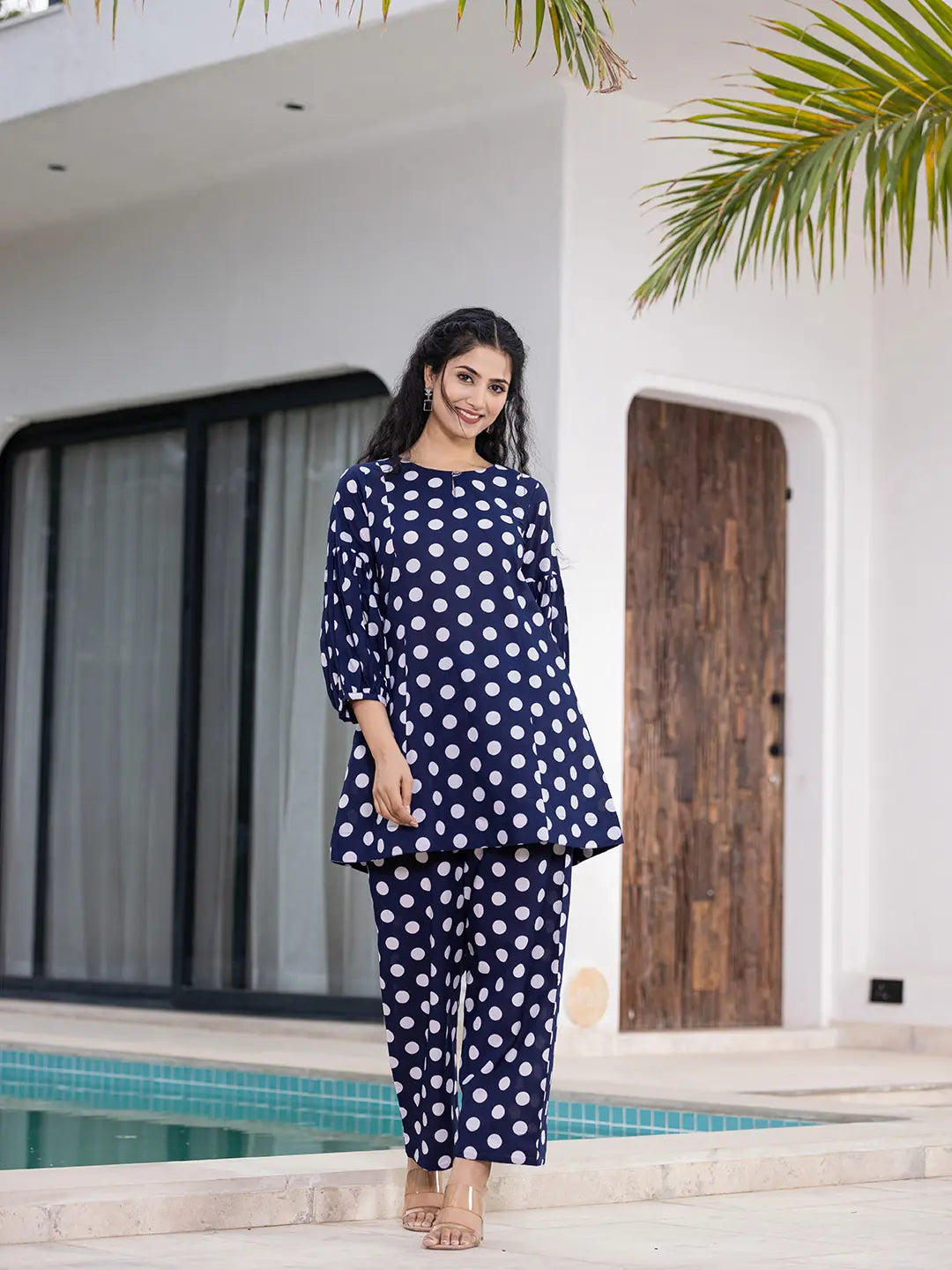 Yufta Navy Blue Polka Dot Print Top And Trouser Co Ord Set