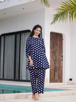 Thumbnail for Yufta Navy Blue Polka Dot Print Top And Trouser Co Ord Set