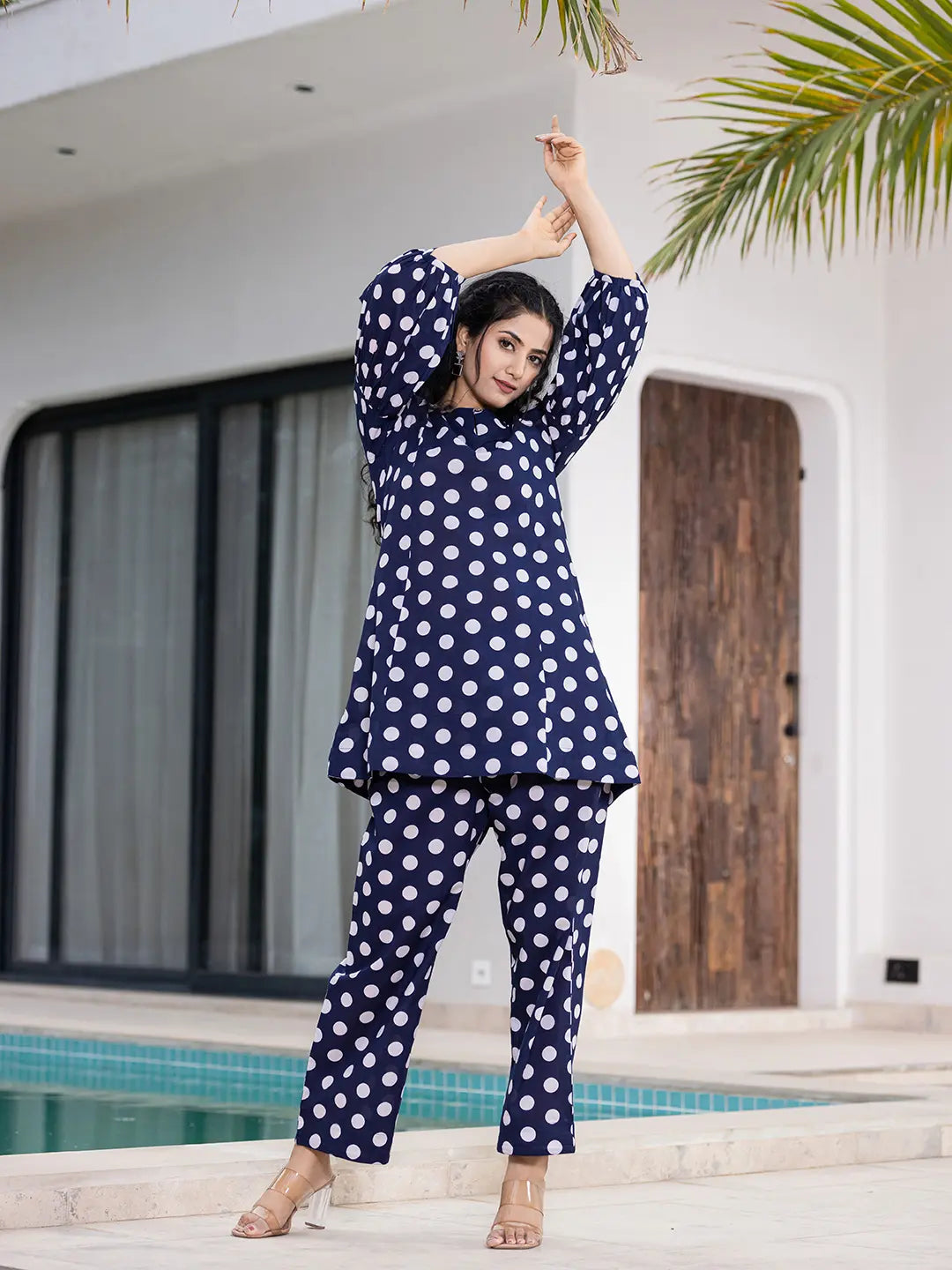 Yufta Navy Blue Polka Dot Print Top And Trouser Co Ord Set