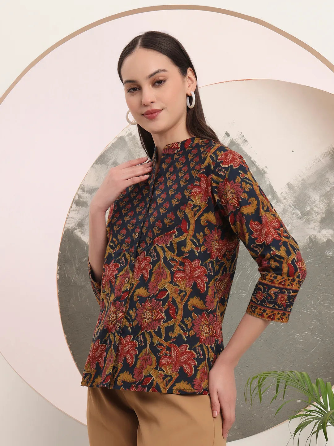 Yufta Navy Blue Pure Cotton Shirt Style Top - Distacart