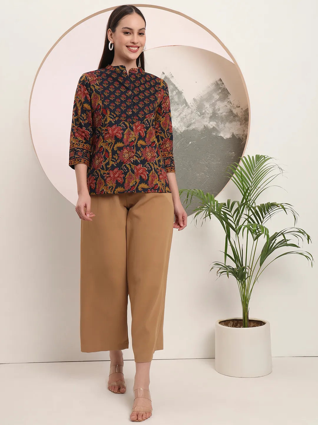 Yufta Navy Blue Pure Cotton Shirt Style Top - Distacart