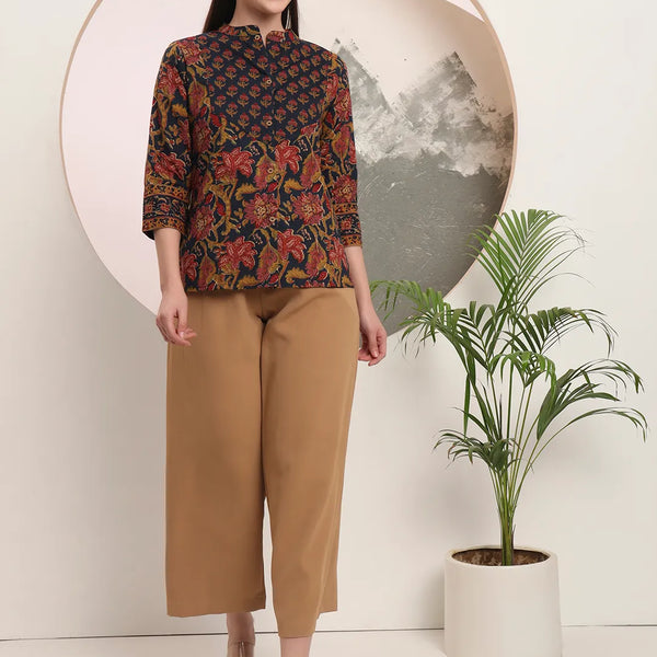 Yufta Navy Blue Pure Cotton Shirt Style Top - Distacart