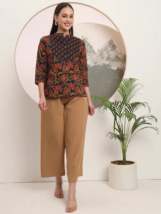 Yufta Navy Blue Pure Cotton Shirt Style Top - Distacart