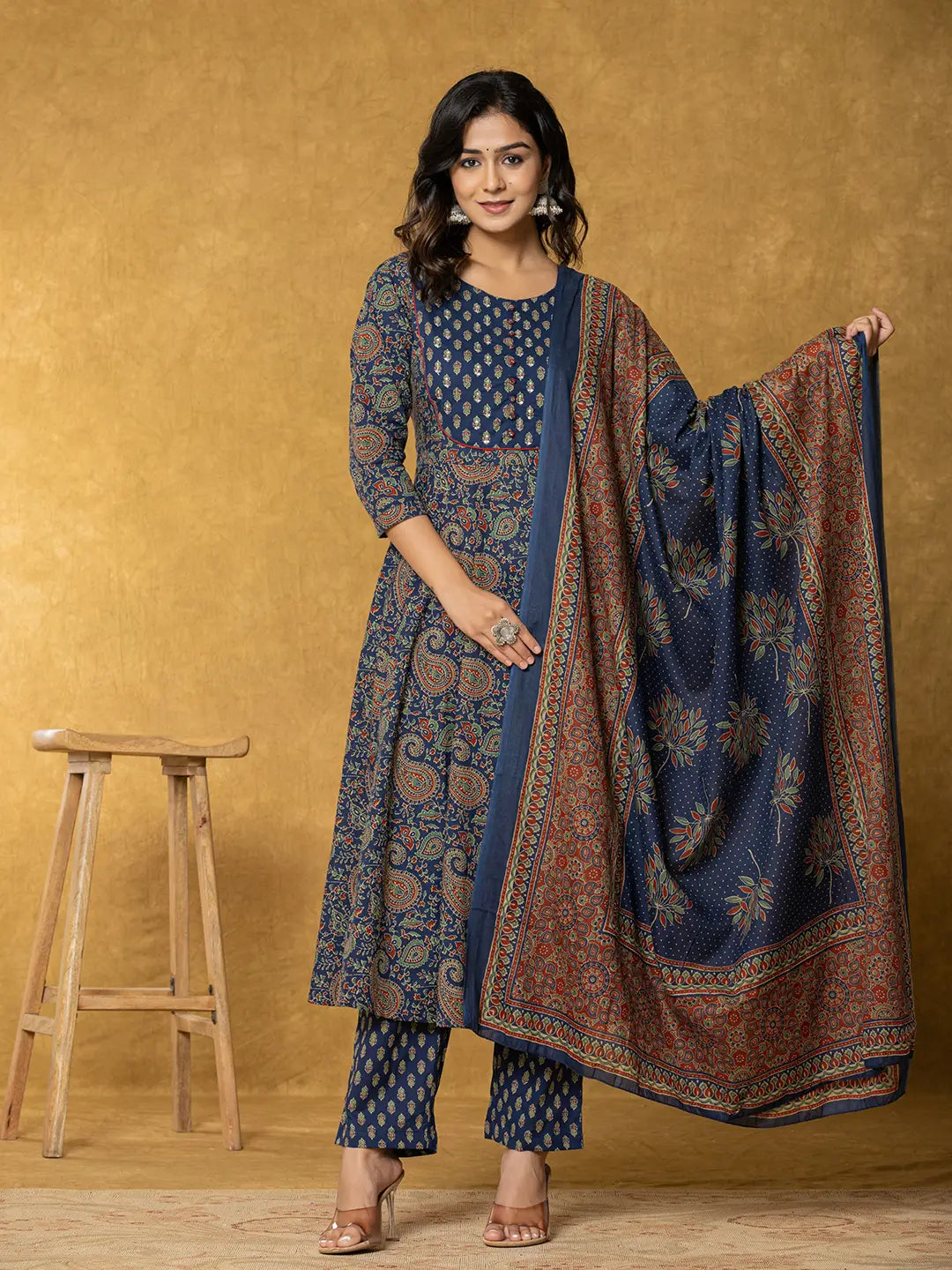 Yufta Navy Blue Sequins_Worky Cotton Anarkali Kurta Dupatta Set