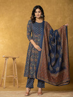 Thumbnail for Yufta Navy Blue Sequins_Worky Cotton Anarkali Kurta Dupatta Set