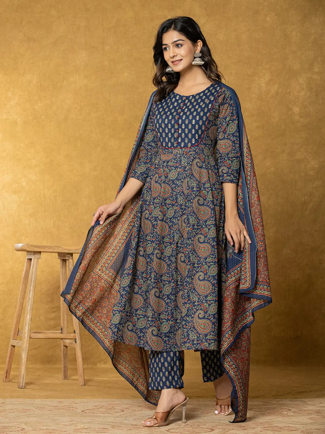 Yufta Navy Blue Sequins_Worky Cotton Anarkali Kurta Dupatta Set