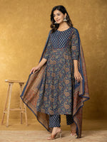 Thumbnail for Yufta Navy Blue Sequins_Worky Cotton Anarkali Kurta Dupatta Set