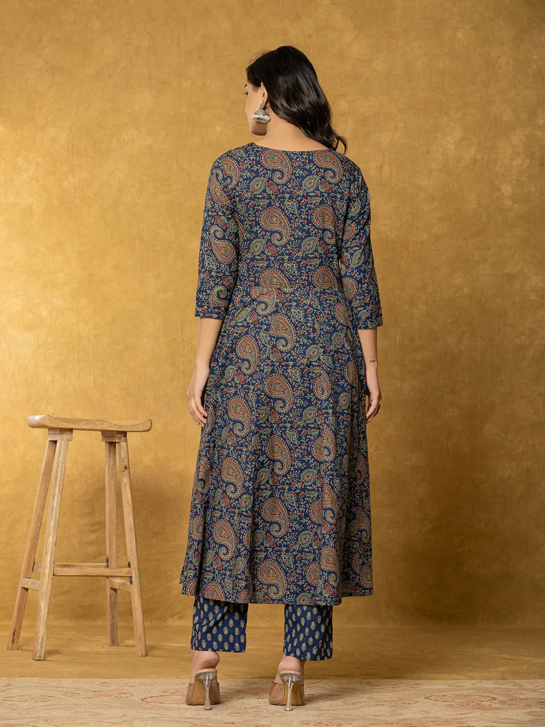 Yufta Navy Blue Sequins_Worky Cotton Anarkali Kurta Dupatta Set